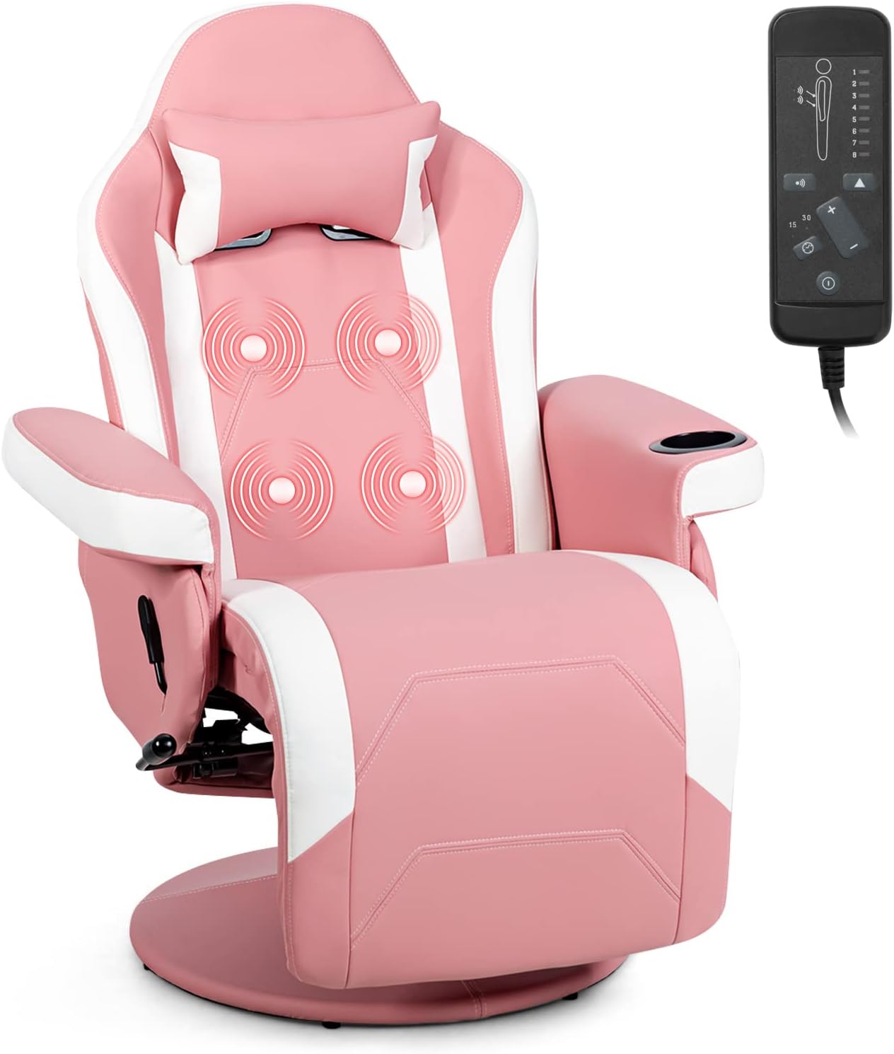 GYMAX Gaming Chair with Footrest, Massage Video Game Chairs for Adults with Remote, Adjustable Backrest, Headrest, Cup Holder & Side Pocket, Ergonomic High Back Office Computer Chair (Pink)