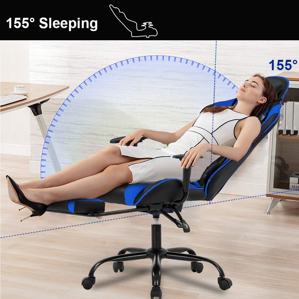 BestOffice | Ergonomic Gaming Chair | Blue | Reclining Computer Chair with Lumbar Support, Headrest Pillow, Adjustable Footrests | 360 Swivel with Heavy Duty Wheels | for Home & Office