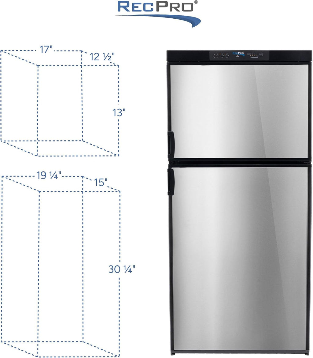 RecPro RV Refrigerator 6.3 Cubic Feet Gas and Electric | Black or Stainless Finish | 110V / 12V / Propane Gas | (Stainless Finish)