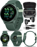 Garmin Vivoactive 6 - Health & Fitness Smartwatch, 1.2 in AMOLED, GPS Sports Tracking, Up to 11 Days of Battery, Metallic Jasper Green & Jasper Green Band w Black Earbuds Bundle