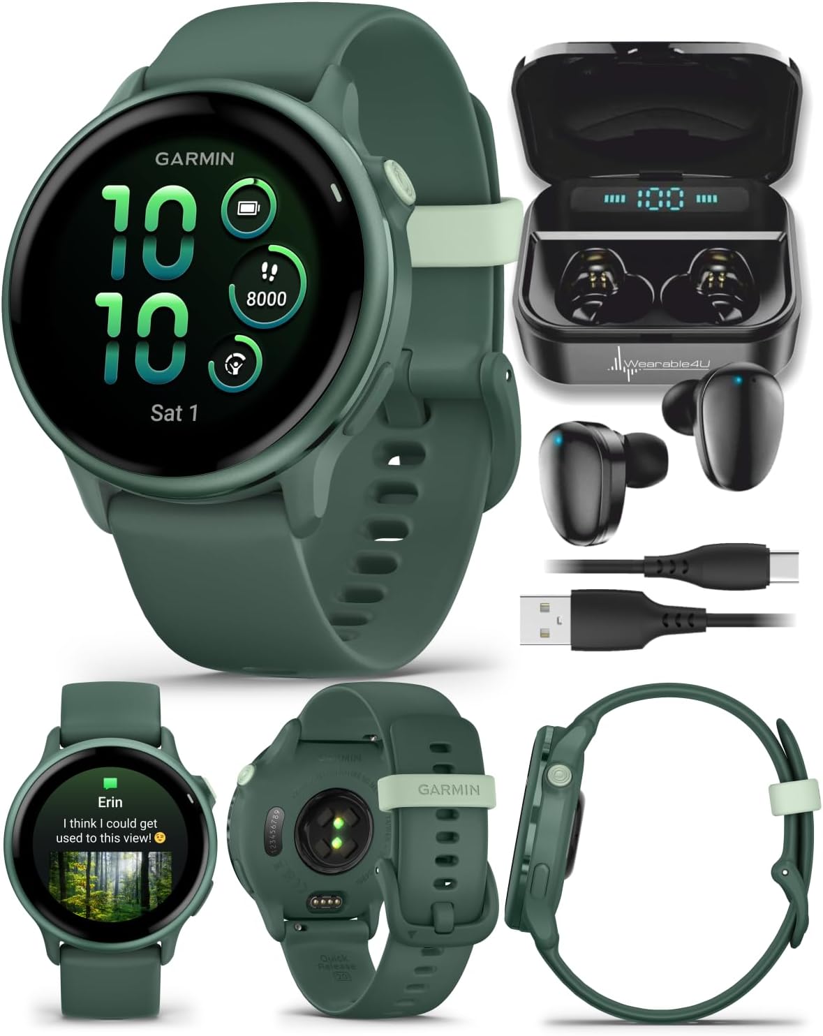 Garmin Vivoactive 6 - Health & Fitness Smartwatch, 1.2 in AMOLED, GPS Sports Tracking, Up to 11 Days of Battery, Metallic Jasper Green & Jasper Green Band w Black Earbuds Bundle