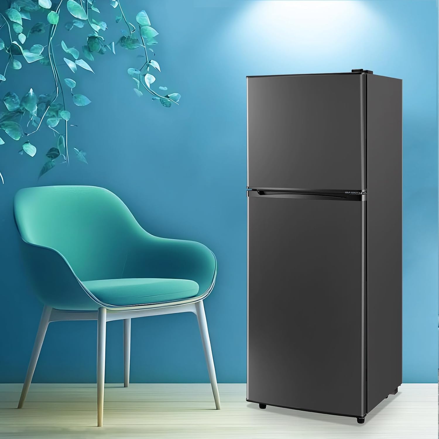 WANAI Large Capacity Fridge with Freezer, 5.0 CU.FT Refrigerator with 2 Door & 7 Gear Mechanical Control & Side Bottle Rack, LED Light, Ideal for Dorm, Kitchen, Apartment, Office, Dark Gray