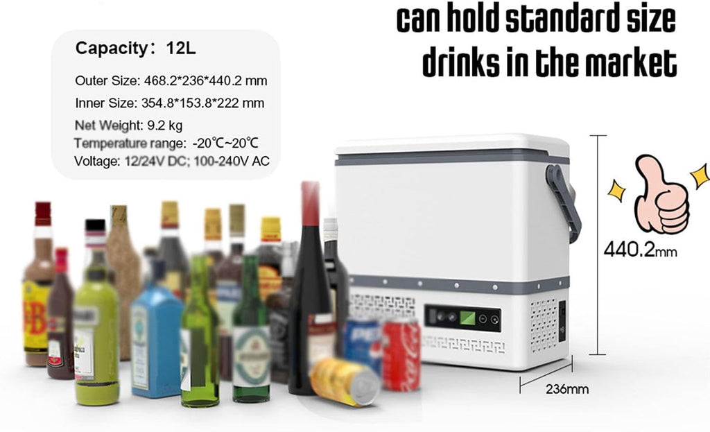12L Car Refrigerator, 12V/24V/220V Portable Compressor Cooler Electric Fridge Cooler for Car, RV, Truck, Van, Boat for Camping, Travel, Fishing Outdoor -20℃~+20℃