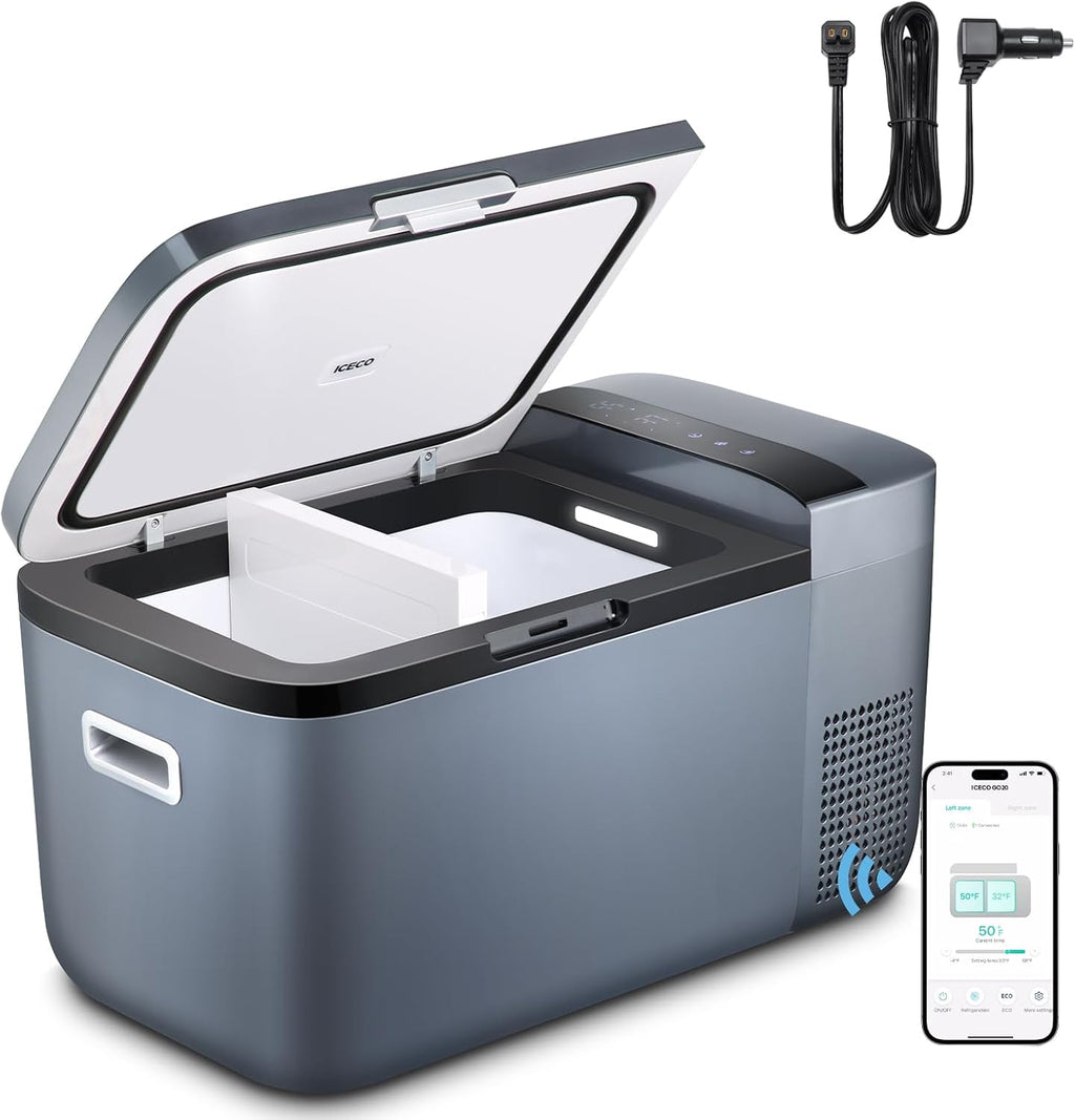 ICECO GO20 Dual Zone 12V Refrigerator, 21Qt/20L Portable Refrigerator powered by SECOP, APP Control 0℉-50℉ 12/24VDC&110-240VAC, Mini Cooler Compact Freezer for Home&Outdoor |Grey with Upgrade DC Cord