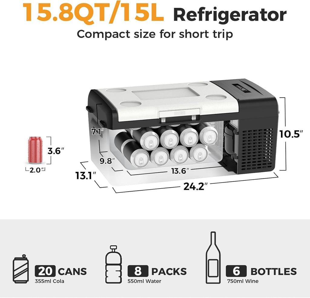 Setpower 15L/15.8QT Portable Car Refrigerator With Slide, 12V/24V DC, Electric Cooler and Freezer for Trucks, RVs, Camping, and Road Trips (Black)