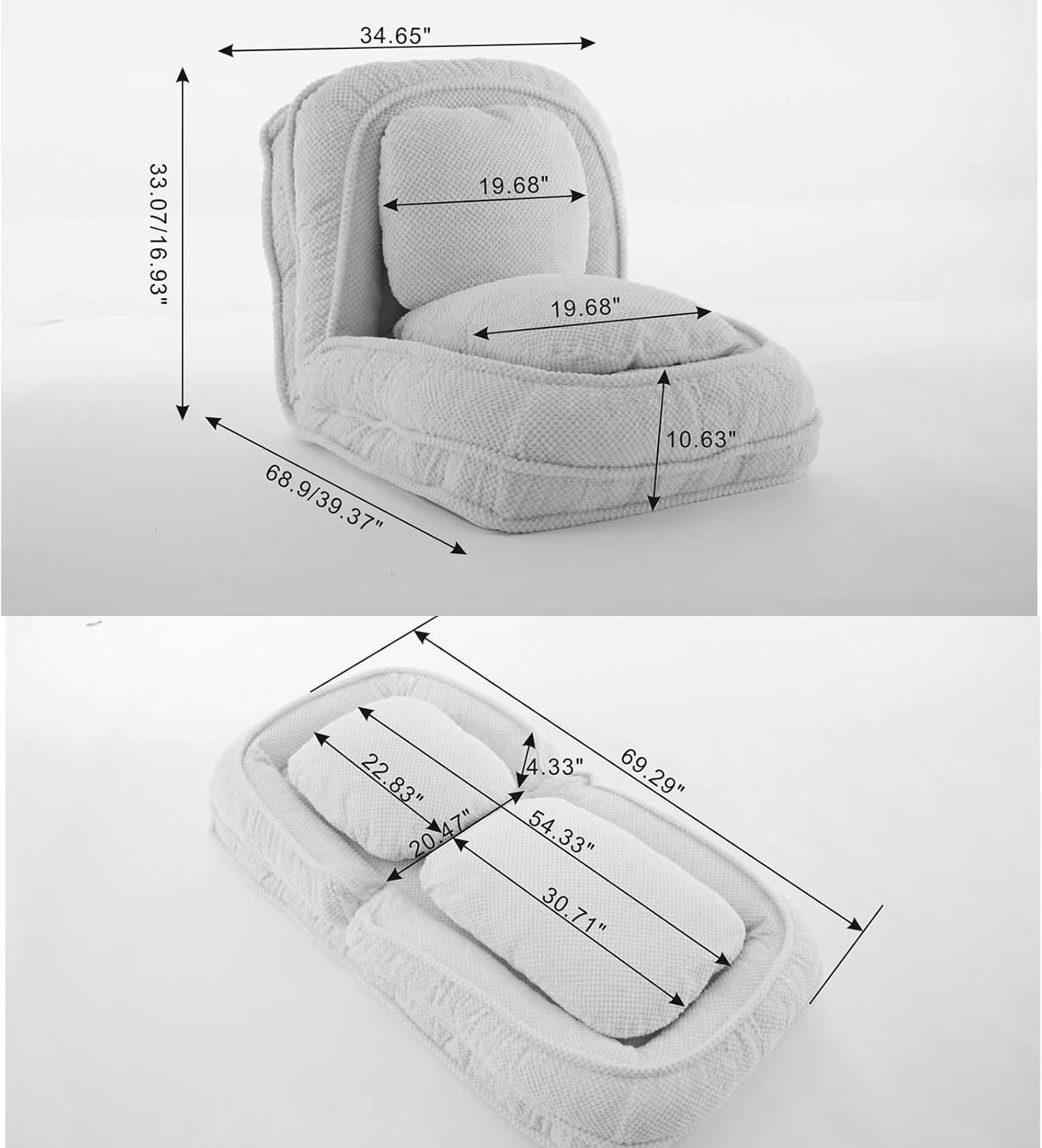 Floor Chair with Back Support, Folding Sofa Chair with 5 Adjustable Position, Plush Floor Gaming Chair, Meditation Chair for Lazy Boys, Human Dog Bed for Living Room, Bedroom, Lounge, Grey