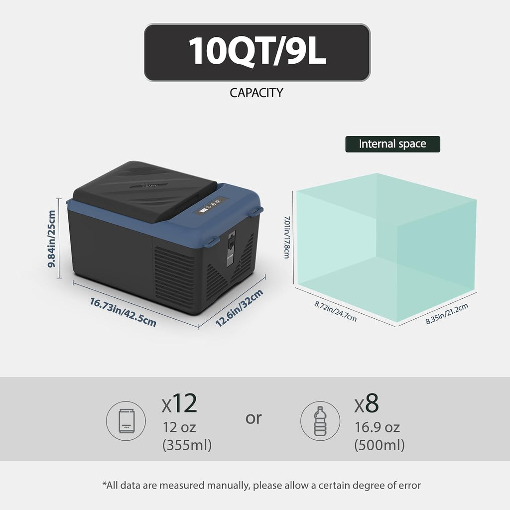 KI9 12 Volt Refrigerator,Mini Portable Freezer,10 Quart Car Cooler,12V Car Fridge,12/24V DC 100-240V AC for Camping, Travel, Truck, RV, Boat -4℉~68℉