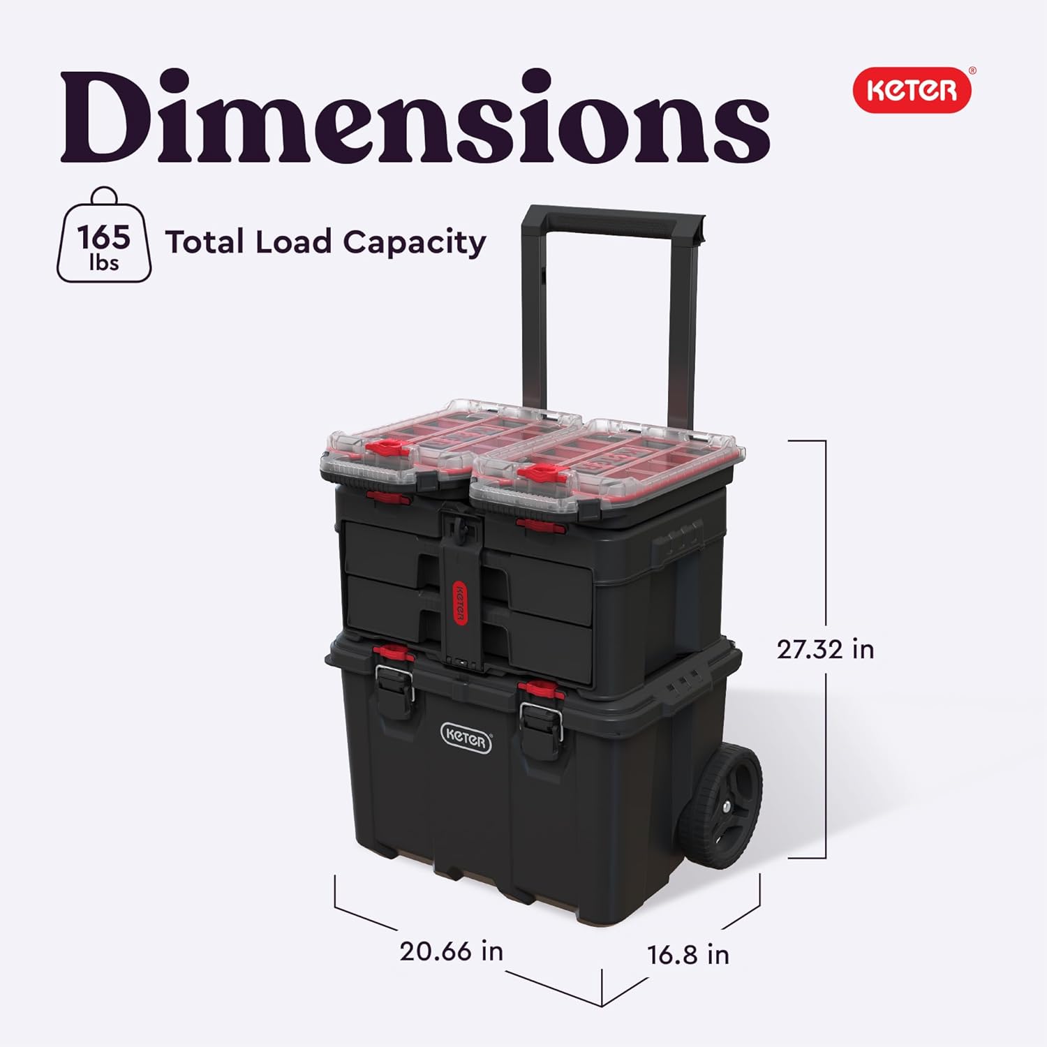 Stack N' Roll 4-Piece Rolling Tool Storage System – Includes Large Rolling Tool Box, 2-Drawer Tool Box & 2 Tray Organizers | Modular Stackable Tool Storage with Wheels for Garage & Workshop