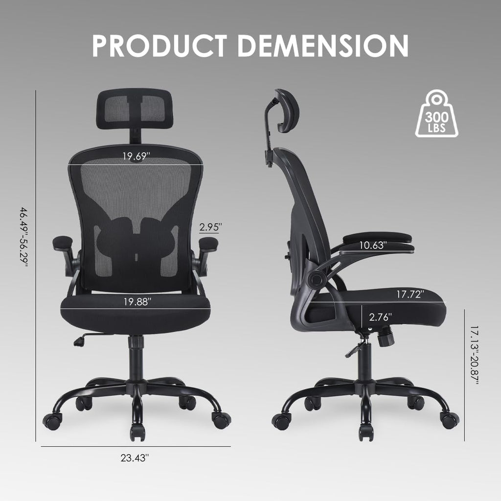 Farini Ergonomic Office Chair, Home Office Desk Chair with Headrest, High Back Swivel Computer Chair with Armrests and Adjustable Lumbar Support for Home Office Study Room, Black & Dark Black