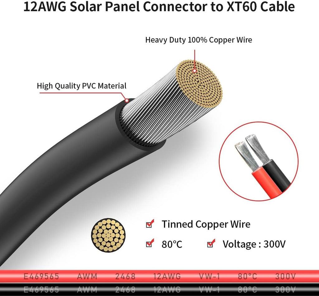 ELFCULB 12AWG 100FT XT60 Solar Cable 2 6 10 25 35 50 75 100FT XT60 Extension Cable Solar Panel Connector to XT60 Connector for Portable Power Station