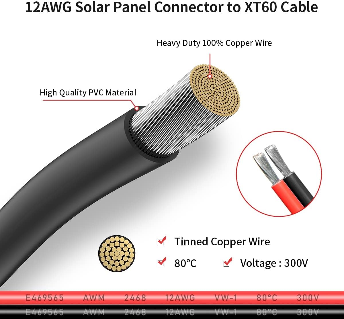 ELFCULB 12AWG 100FT XT60 Solar Cable 2 6 10 25 35 50 75 100FT XT60 Extension Cable Solar Panel Connector to XT60 Connector for Portable Power Station