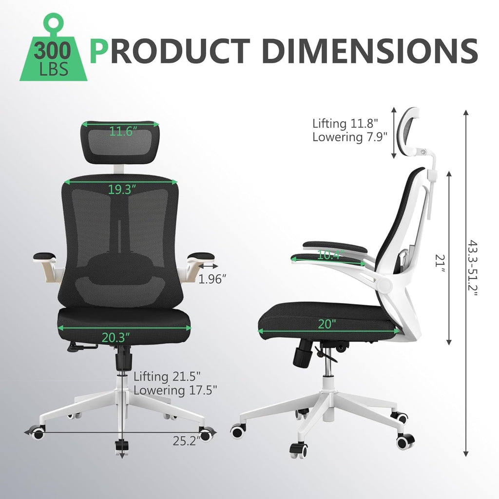300 LBS Ergonomic Office Computer Mesh Chair - Adjustable Height Rolling Desk Chair with Flip-Up Armrests & High Back Support - Comfortable Swivel Task Chair for Home Office