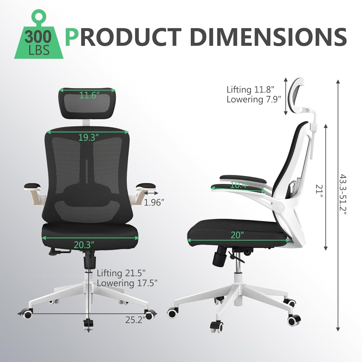 300 LBS Ergonomic Office Computer Mesh Chair - Adjustable Height Rolling Desk Chair with Flip-Up Armrests & High Back Support - Comfortable Swivel Task Chair for Home Office
