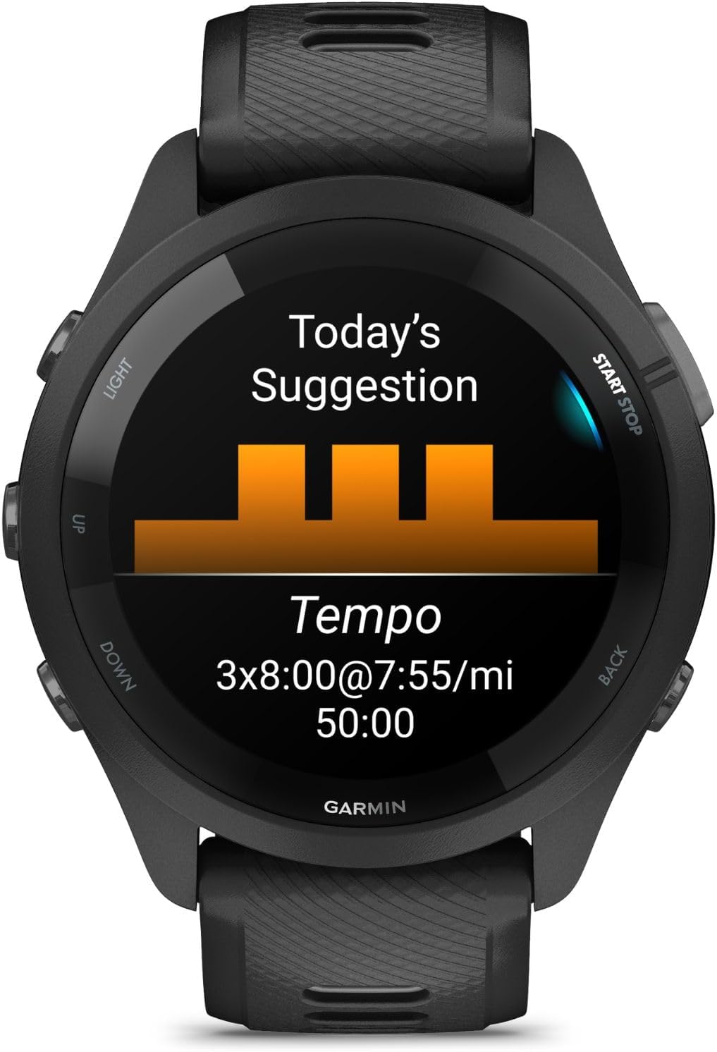 Garmin Forerunner 265 GPS Smartwatch - 46mm, Black/Powder Gray Bundle with Deco Essentials Charging Dock Venu 3 + Silicone Dust Cover + Round Tempered Glass Screen Protector