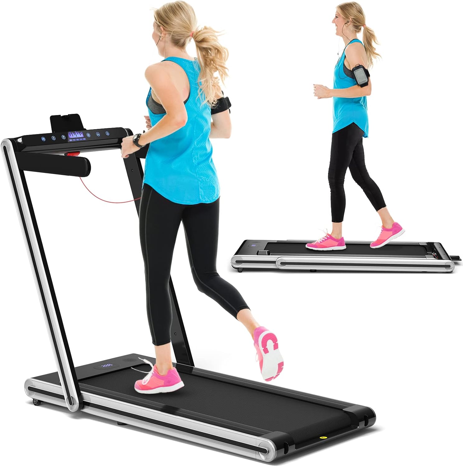 GYMAX Folding Treadmill, Smart APP Control Running Machine, LED Monitor & Adjustable Device Holder, Portable Treadmill for Home Gym Small Apartment