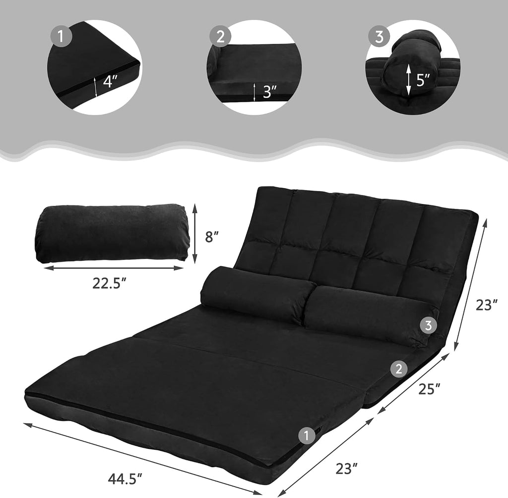 DORTALA Foldable Floor Sofa, 6-Position Adjustable Lounge Couch with 2 Pillows & Suede Cloth Cover, Modern Lounge Mattress Video Gaming Lazy Couch, Suede Floor Seating Sofa, 71' x 44.5', Black
