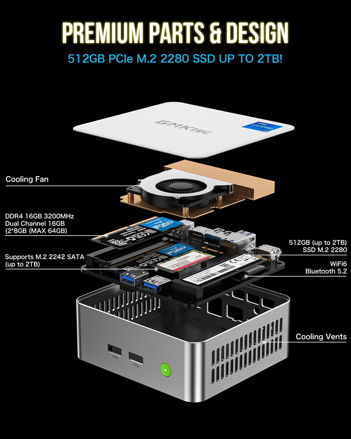 GMKtec Mini PC Intel i5-12450H Processor (Turbo 4.4 GHz) 16GB(8 * 2) DDR4 512GB M.2 NVMe SSD i226v NIC USB 3.2, Type-C/WiFi 6, BT5.2, RJ45 2.5G/ 4K Triple Display Desktop Mini Computers