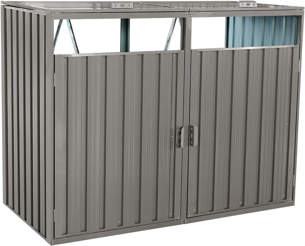 Outdoor Metal Garbage Bin Shed for 2 Trash Cans, Lockable Galvanized Steel Storage Enclosure, Weatherproof and Rust-Resistant Trash Can Cover for Garden, Yard, or Driveway, Grey