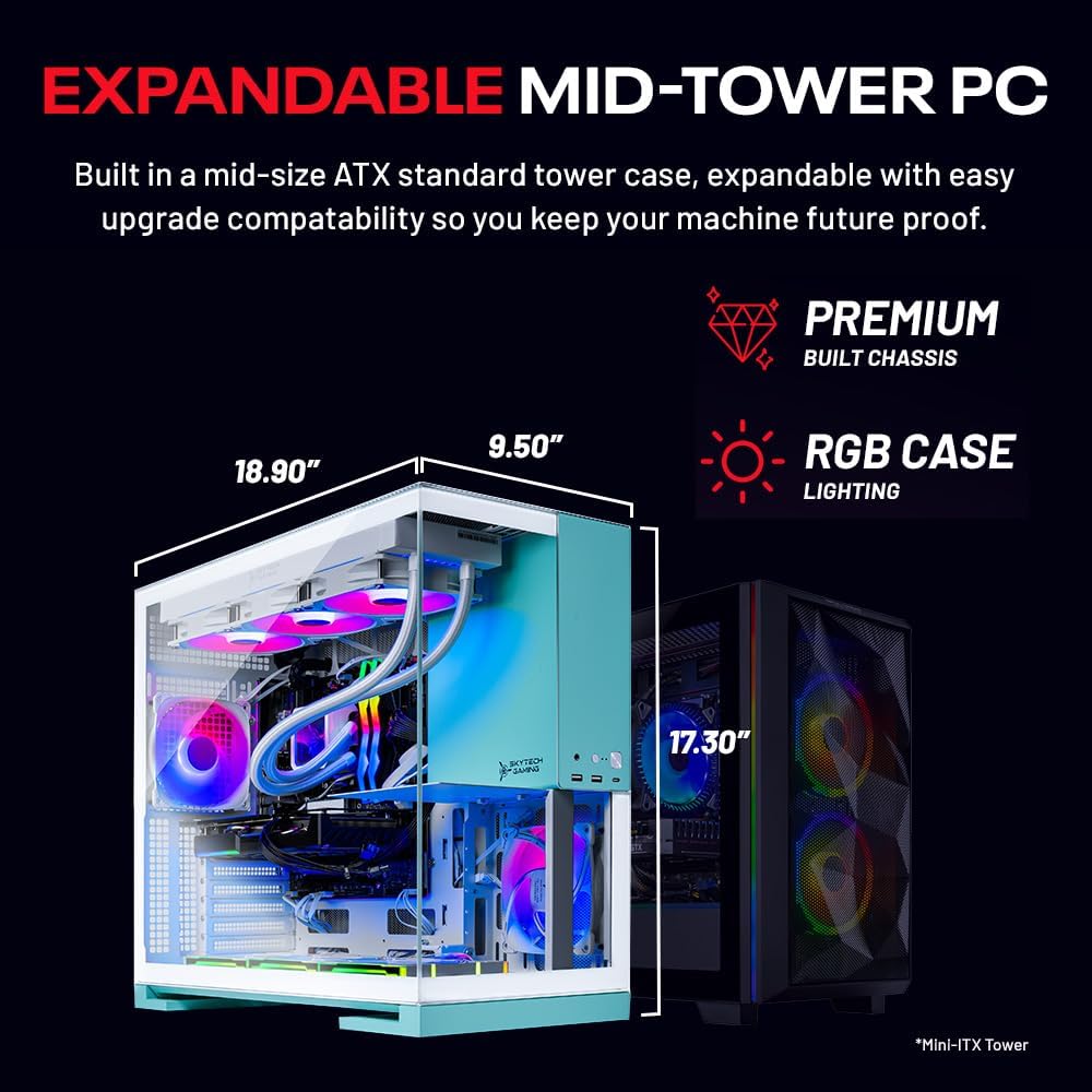 Skytech Gaming Aqua Gaming PC, AMD Ryzen 7 9700X 3.8GHz, NVIDIA RTX 5060, 1TB NVMe SSD, 16GB DDR5 RAM 5200, 850W Gold ATX 3 PSU, 360 ARGB AIO, Wi-Fi, Win 11, Desktop