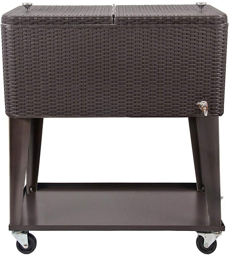 80 Quart Qt Rolling Cooler Ice Chest Cart for Outdoor Patio Deck Party, Dark Brown Wicker Faux Rattan Tub Trolley, Portable Backyard Party Drink Beverage Bar, Wheels with Shelf & Bottle Opener
