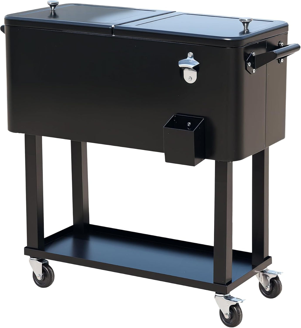 Outsunny 80 QT Rolling Cooling Bins Ice Chest on Wheels Outdoor Stand Up Drink Cooler Cart for Party, Black