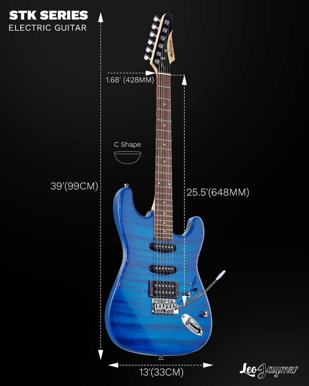 Leo Jaymz 39' Full Size ST Style Electric Guitar Starter Kit with SSH Pickup, 5W Portable Amp, Tuner, Gig Bag, Strap & Accessories(Blue Flame 5W)