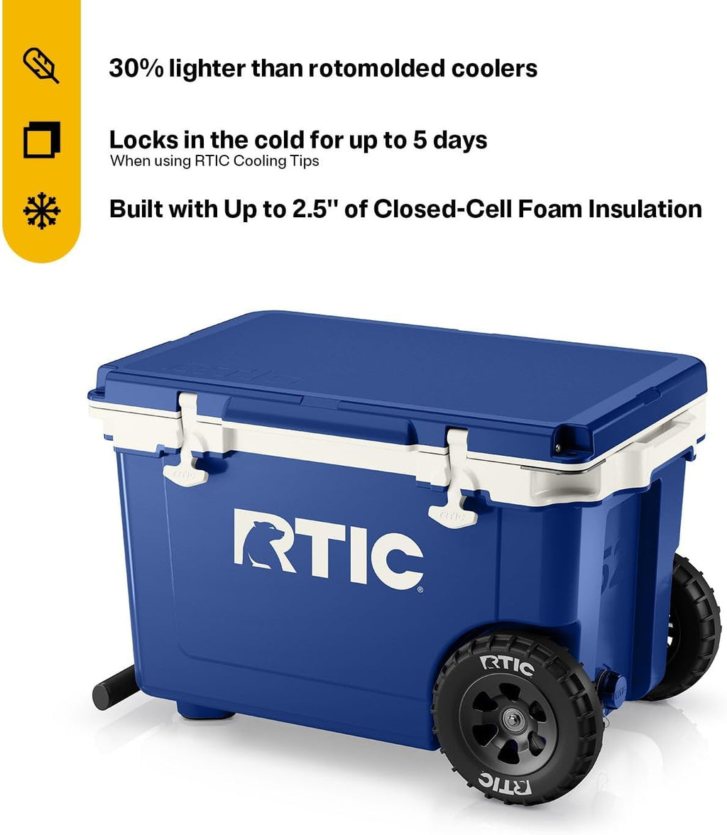 RTIC 52 Quart Ultra-Light Wheeled Hard Cooler Insulated Portable Ice Chest Box for Beach, Drink, Beverage, Camping, Picnic, Fishing, Boat, Barbecue, 30% Lighter Than Rotomolded Coolers