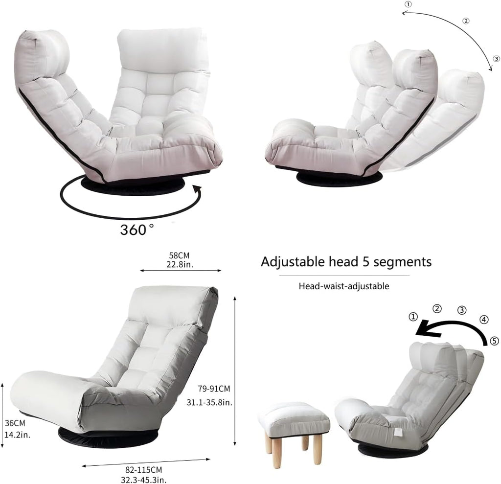 360° Swivel Floor Gaming Chair, Floor Chair, 14 Adjustable Head Segments 3 Waist Segments, Ergonomic Recliner for Gaming Reading Living Room, Includes Footrests (Gray)