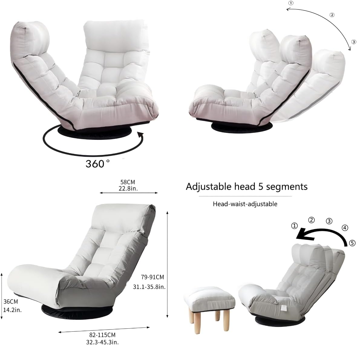 360° Swivel Floor Gaming Chair, Floor Chair, 14 Adjustable Head Segments 3 Waist Segments, Ergonomic Recliner for Gaming Reading Living Room, Includes Footrests (Gray)