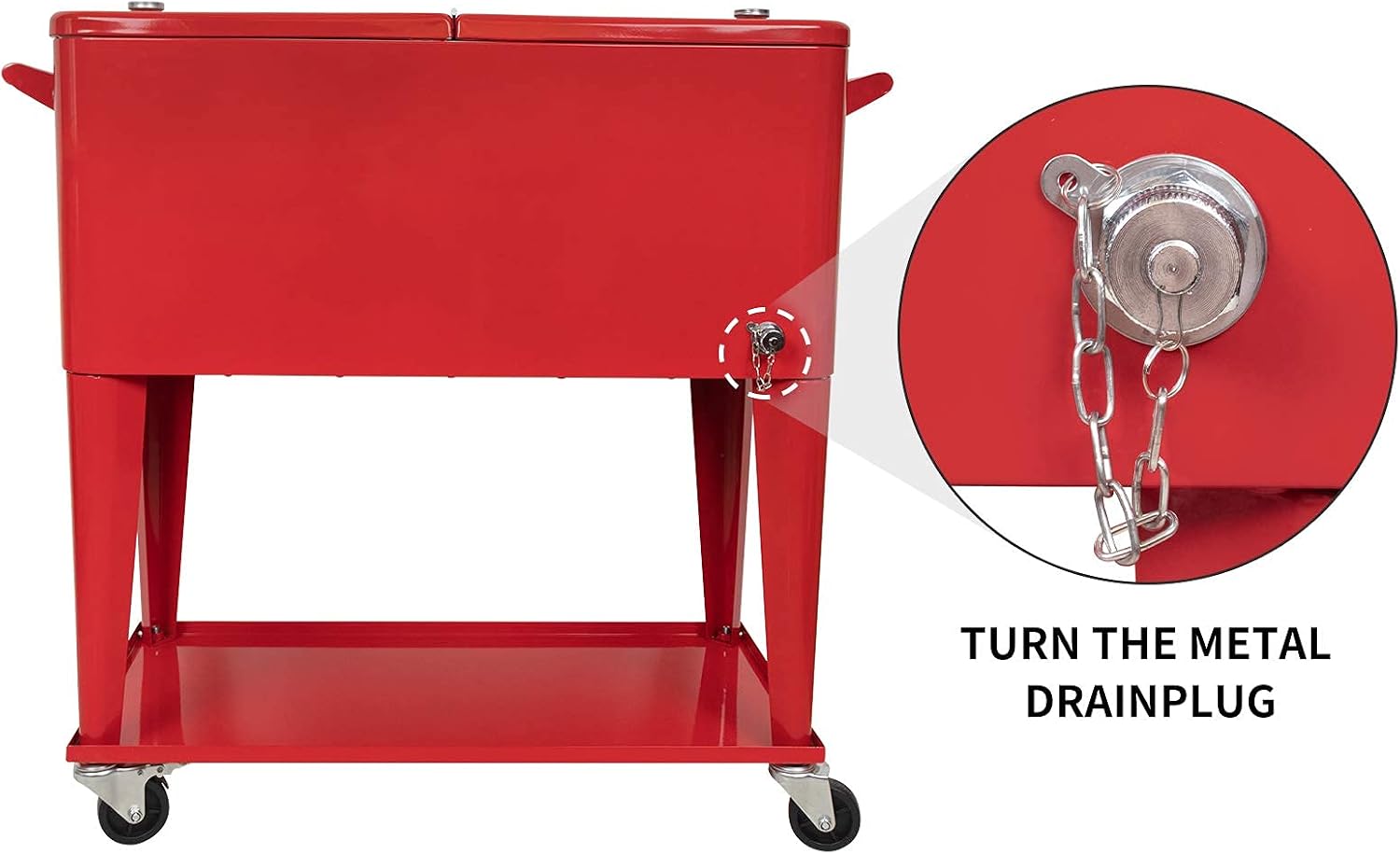80 Quart Rolling Ice Chest Cooler Cart,for Outdoor Patio Deck Party Portable Party Bar Cold Drink Beverage Cart, Backyard Cooler Trolley on Wheels with Shelf, Bottle Opener