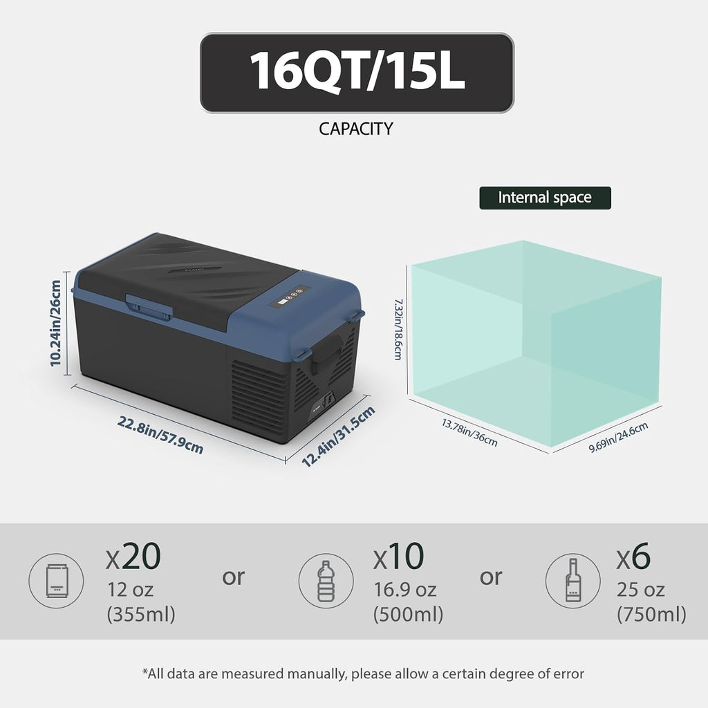KI15 12 Volt Refrigerator,Portable Freezer,16 Quart(15L) Car Cooler,12V Car Fridge,12/24V DC 100-240V AC for Camping, Travel, Truck, RV, Boat -4℉~68℉