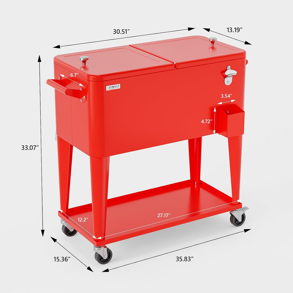 VINGLI Rolling Ice Chest, Portable Patio Party Bar Drink Cooler Cart, with Shelf, Beverage Pool with Bottle Opener