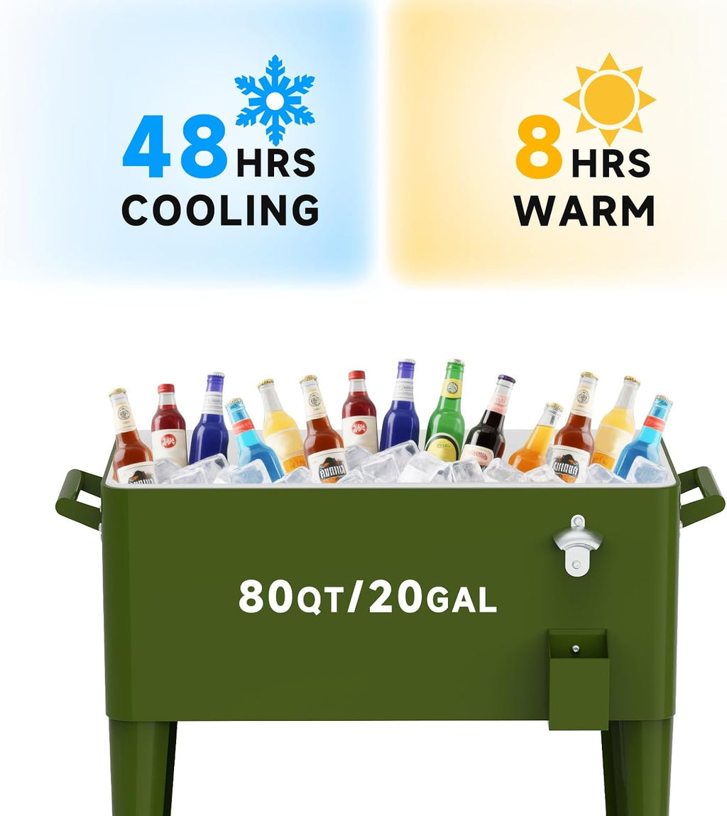 80 Quart Rolling Ice Chest Cart, Portable Outdoor Beverage Cooler with Bottle Opener & Cap Collector & Storage Shelf for Patio Party & BBQ & Beach Activities(Green)
