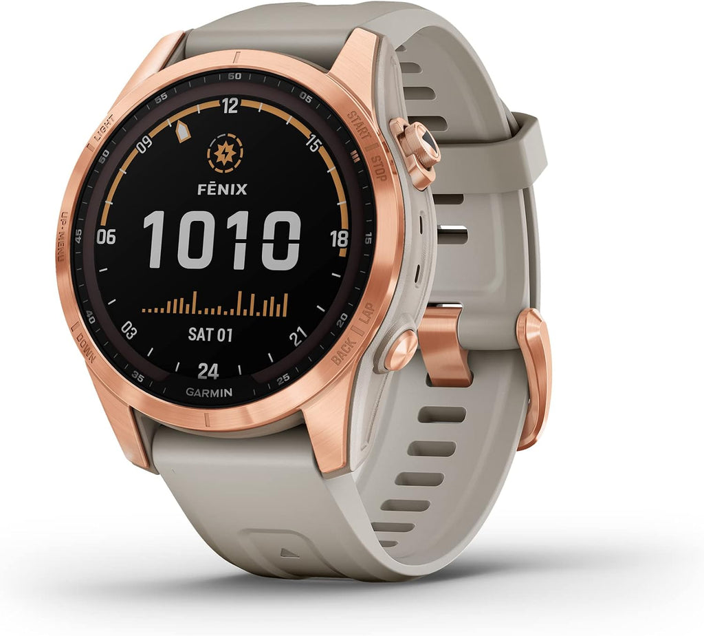 Garmin Fenix 7S Solar, Smaller Sized Adventure smartwatch, with Solar Charging Capabilities, Rugged Outdoor Watch with GPS, Touchscreen, Health and Wellness Features, Rose Gold with Light Sand Band