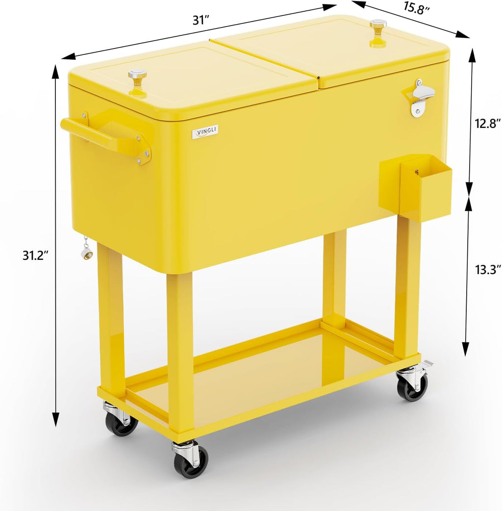 VINGLI Rolling Ice Chest, Portable Patio Party Bar Drink Cooler Cart, with Shelf, Beverage Pool with Bottle Opener