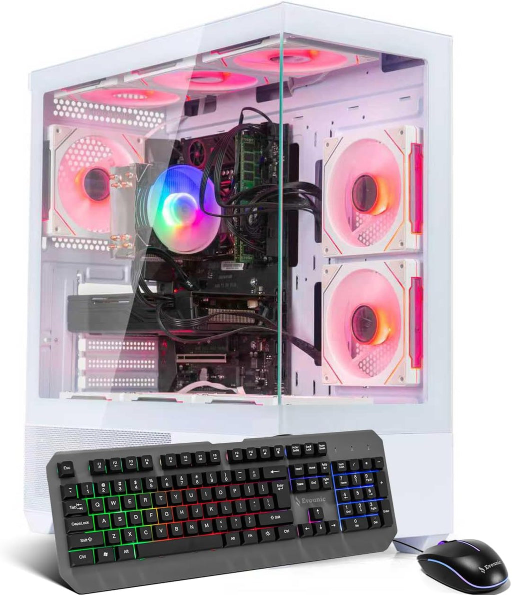 White Gaming PC Computer Desktop – i7 Xeon E5 3.20GHz, Radeon RX 580 8GB, 16GB RAM, 512GB SSD + 1TB HDD, WiFi 6 & BT 5.4, 9× ARGB Fans, Win 11 Pro, High-Performance Gaming Tower