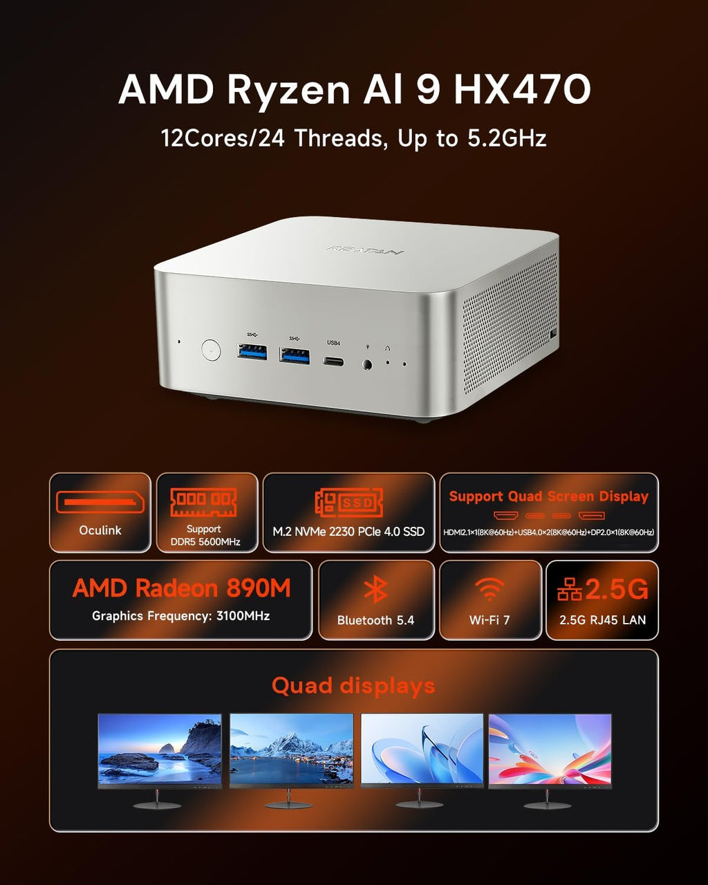 Reatan X8 Ryzen AI 9 HX 470 Mini PC(86 Tops,12C/24T up to 5.2GHz) 48GB DDR5 5600MHz 1TB PCIe 4.0 SSD, Radeon 890M, OCuLink/2xUSB4/DP,Quad 8K Display, 2.5G LAN, Wi-Fi 7/BT 5.4, AI/Dev/Creator/Gaming