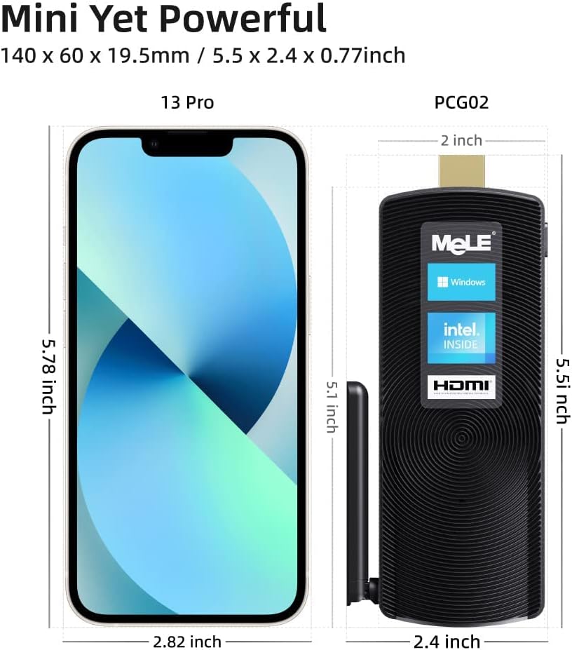 MeLE Fanless Mini PC Stick PCG02, N100 Compute Stick with Windows 11 Pro, 8GB 128GB Micro Desktop Computer, Full Functional USB-C, Gigabit Ethernet BT5.1 on Business Office Industrial IoT Home