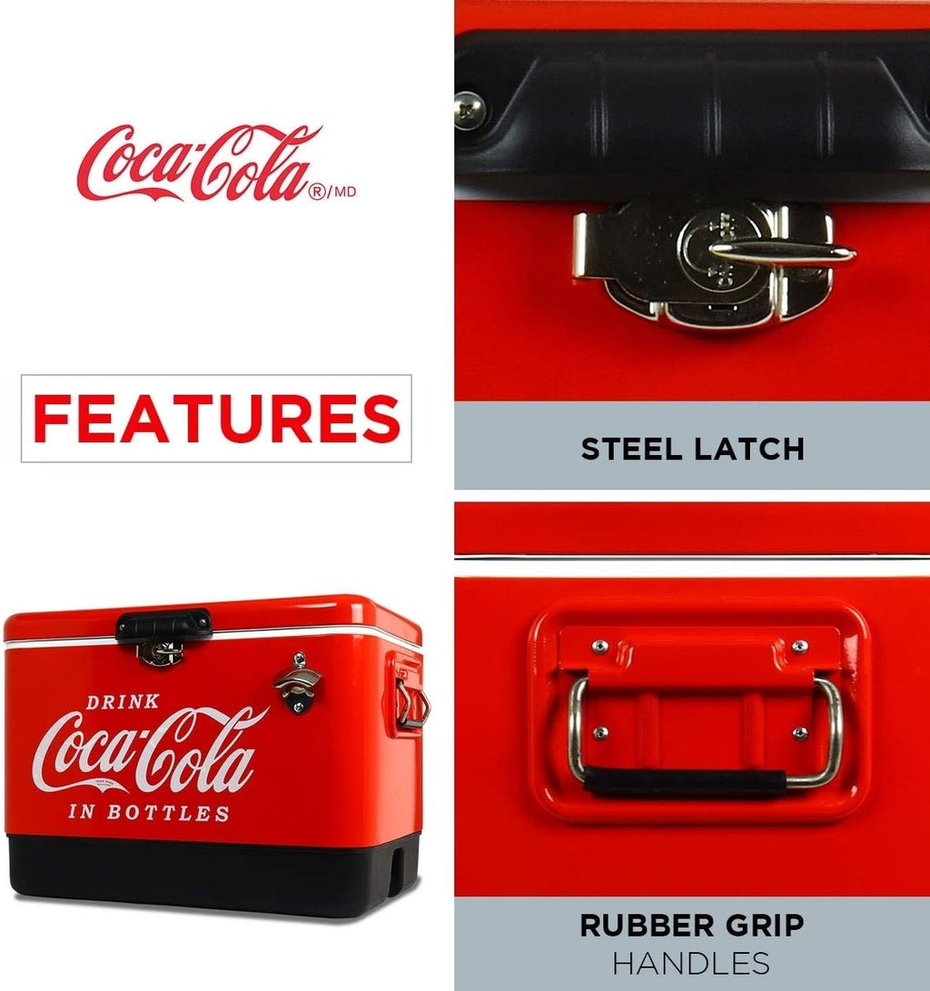 Coca-Cola Ice Chest Cooler - Portable Ice Bucket with Bottle Opener, Vintage Style, Insulated for Camping, Beach, Picnic, RV, BBQs, Tailgating, Fishing, Stainless Steel 85 Can Ice Box, 51L (54 qt)