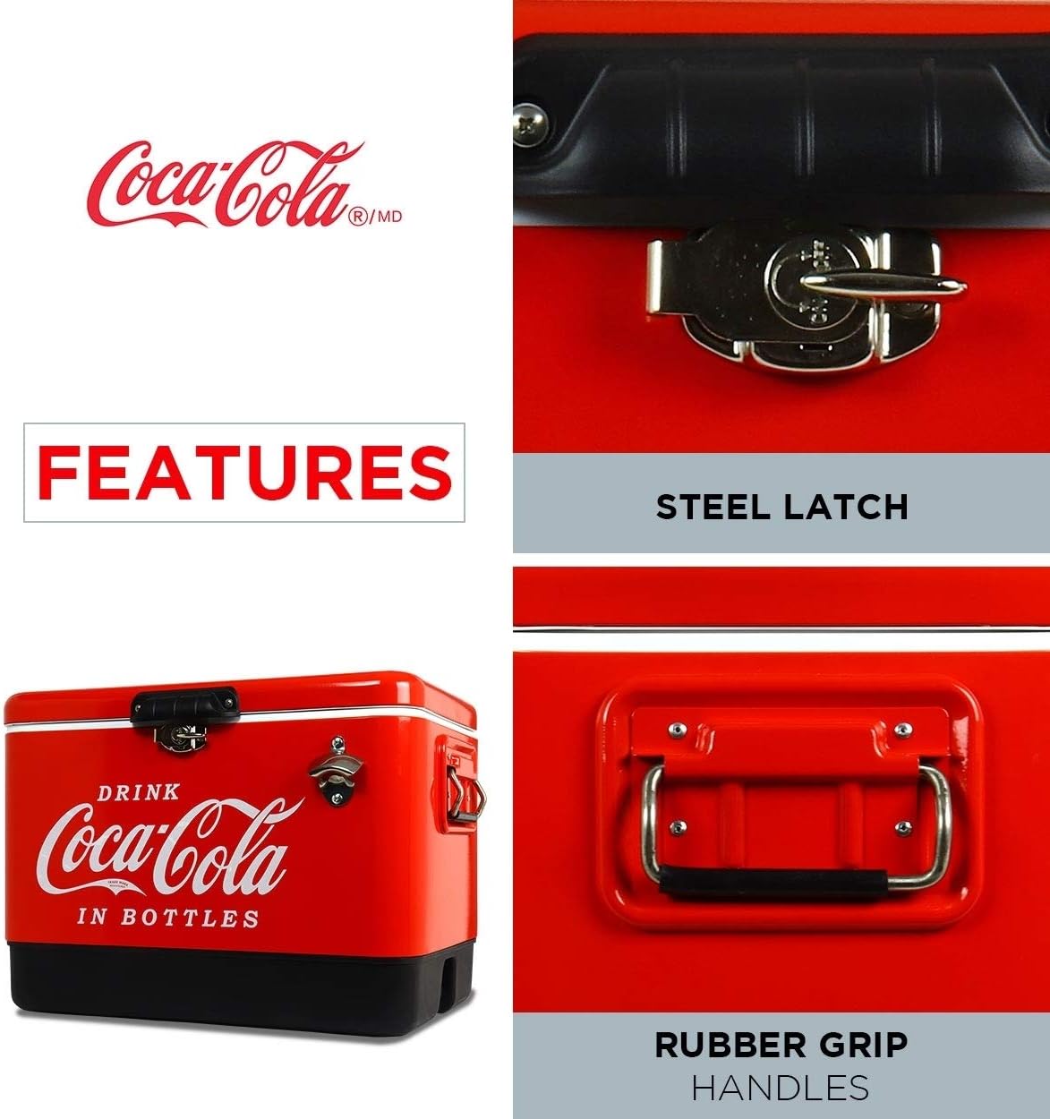 Coca-Cola Ice Chest Cooler - Portable Ice Bucket with Bottle Opener, Vintage Style, Insulated for Camping, Beach, Picnic, RV, BBQs, Tailgating, Fishing, Stainless Steel 85 Can Ice Box, 51L (54 qt)