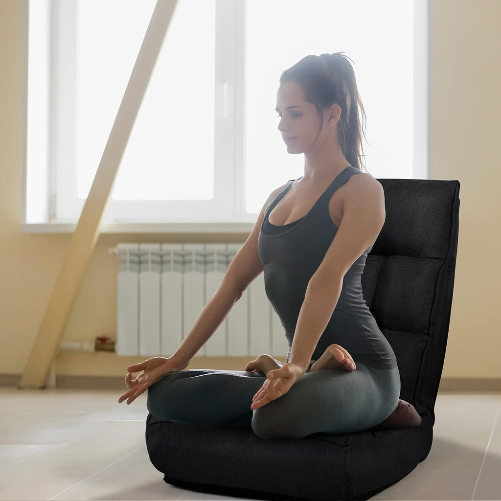 MAT EXPERT Folding Floor Chair, Floor Gaming Chair w/ 4-Position Backrest, 5-Position Adjustable Headrest, Side Pocket, Indoor Floor Chair w/Back Support for Bedroom, Living Room (Black)