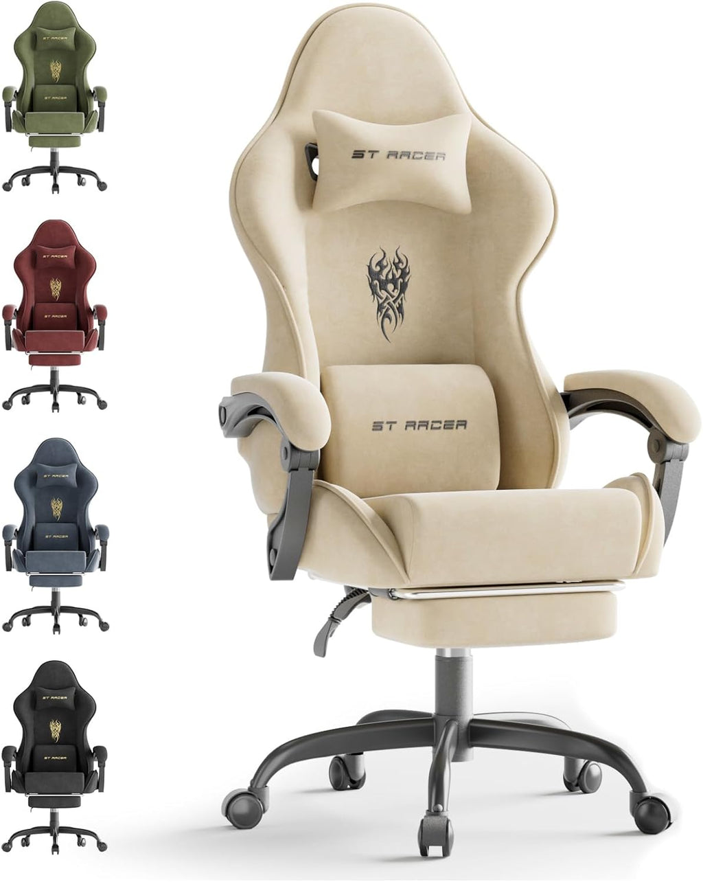 Huracan Velvet Fabric Gaming Chair with Footrest for Adults, Ergonomic Gaming Chairs with Massage Lumbar, Reclining Racing Computer Chair with Spring Cushion for Home Office Video Game, Beige