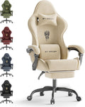 Huracan Velvet Fabric Gaming Chair with Footrest for Adults, Ergonomic Gaming Chairs with Massage Lumbar, Reclining Racing Computer Chair with Spring Cushion for Home Office Video Game, Beige