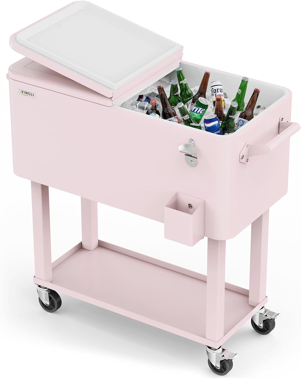 VINGLI Rolling Ice Chest, Portable Patio Party Bar Drink Cooler Cart, with Shelf, Beverage Pool with Bottle Opener