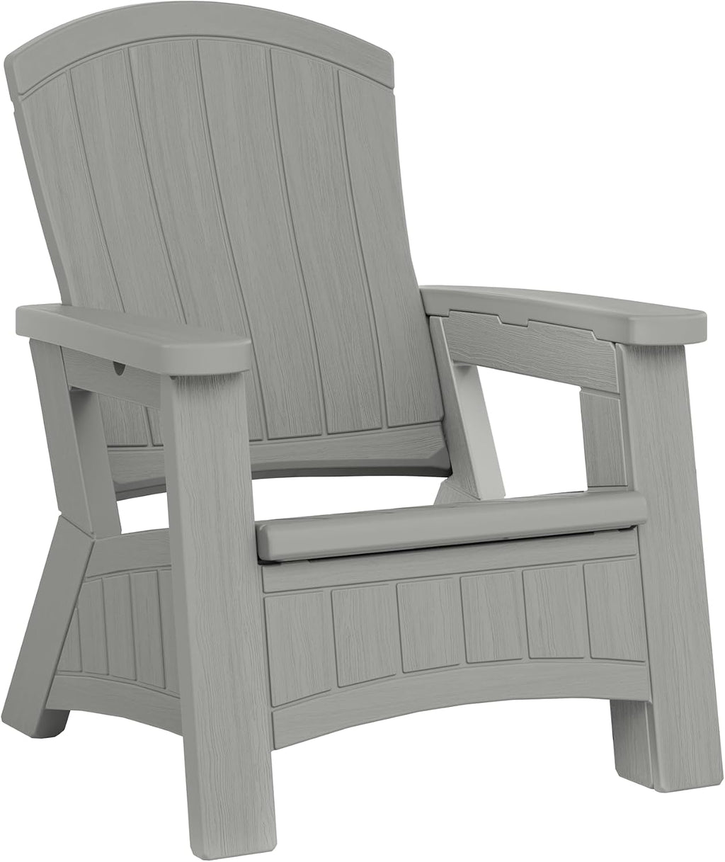 Suncast Outdoor Patio Adirondack Chair with 8 Gallons of Under-Seat Storage, Stylish Faux Wood Outdoor Storage Chair, Dove Gra
