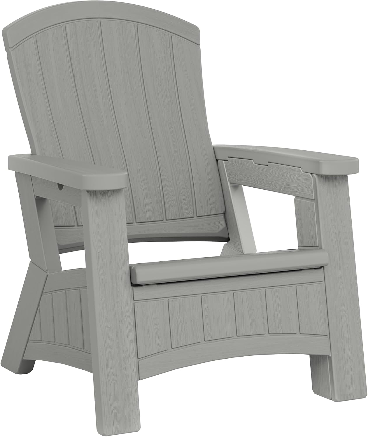 Suncast Outdoor Patio Adirondack Chair with 8 Gallons of Under-Seat Storage, Stylish Faux Wood Outdoor Storage Chair, Dove Gra