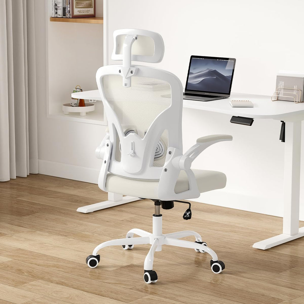 Farini Ergonomic Office Chair, Home Office Desk Chair with Headrest, High Back Swivel Computer Chair with Armrests and Adjustable Lumbar Support for Home Office Study Room, White & Beige