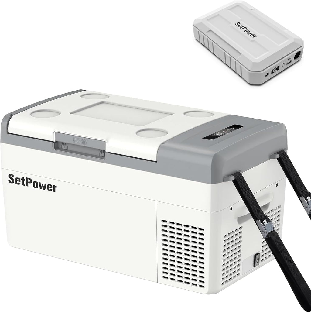 Setpower 12V Refrigerator with PG216 Battery 21QT Compact Car Refrigerator With Fixed Ropes Portable Electric Cooler 12V Fridge for Truck RV SUV Van Travel Road Trip Car Camping