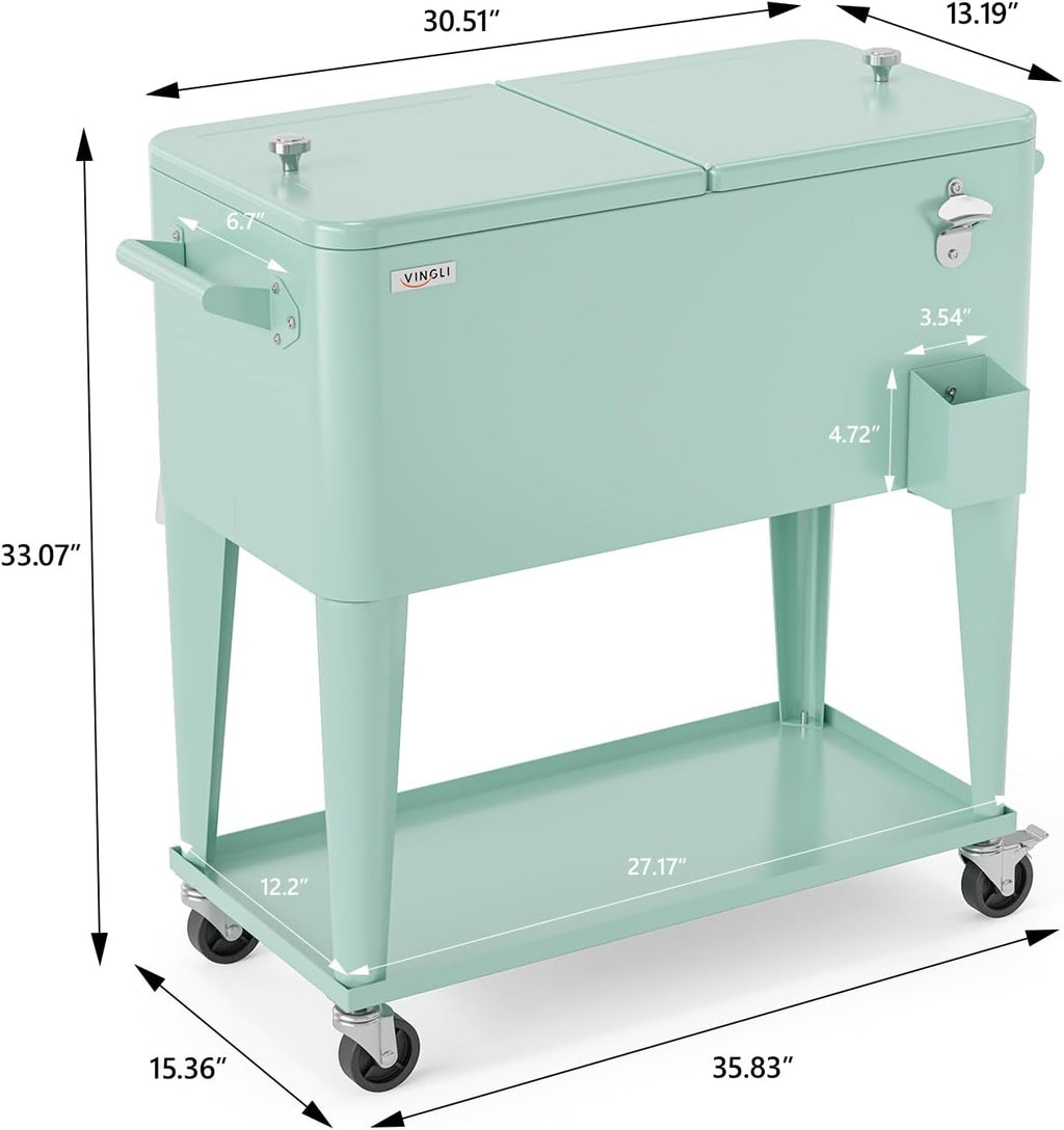 VINGLI Rolling Ice Chest, Portable Patio Party Bar Drink Cooler Cart, with Shelf, Beverage Pool with Bottle Opener