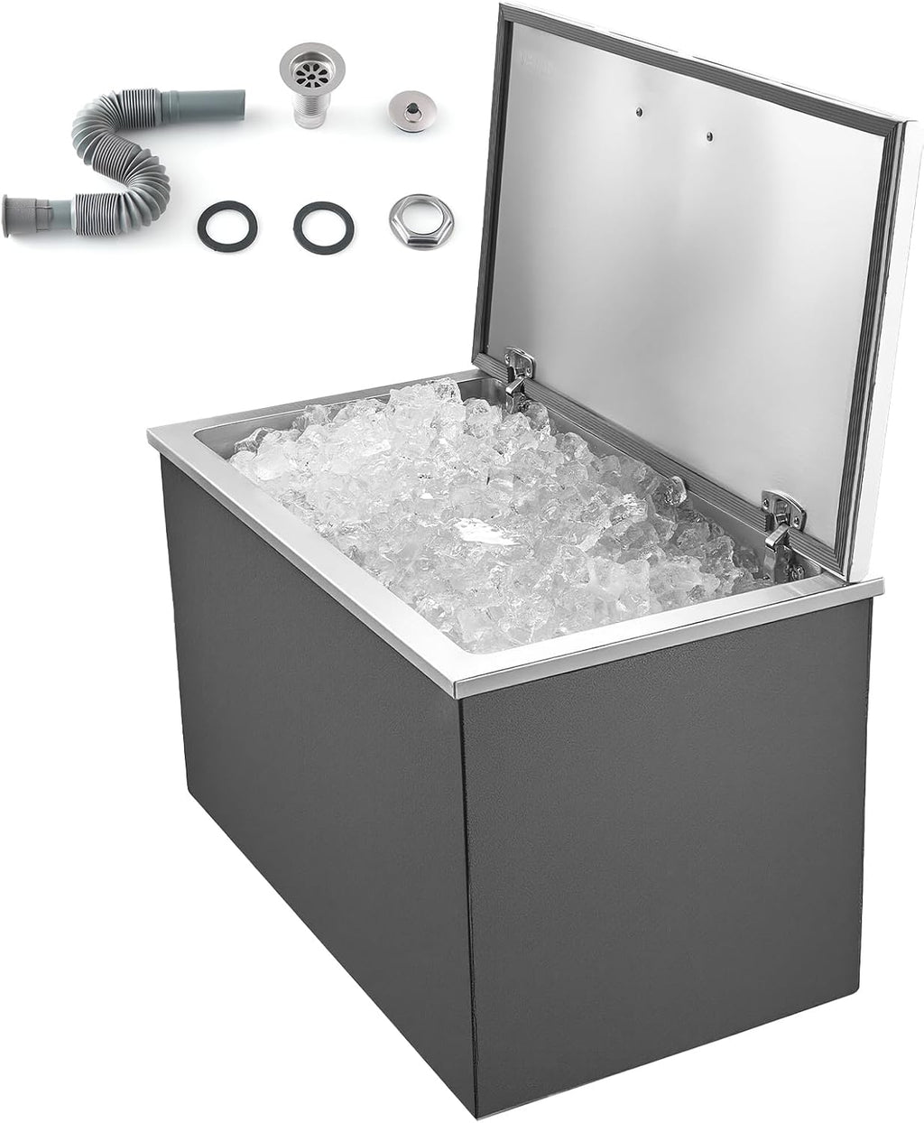 VEVOR Drop in Ice Chest, Stainless Steel Drop in Cooler, Commercial Ice Bin with Lid for Outdoor Kitchen Patio Bar, Drain-Pipe Set Included, Cooling Bins with Cover for Cold Wine Beer